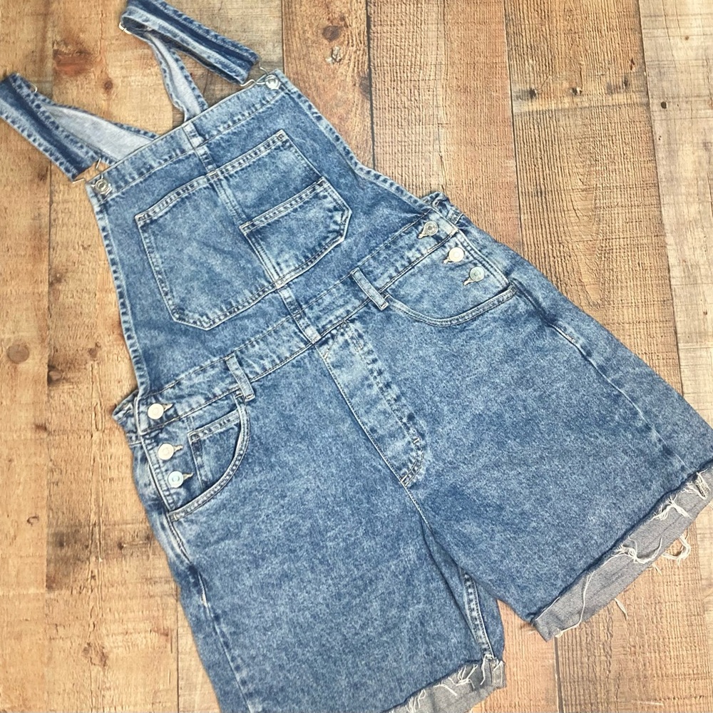 We The Free Free People Acid Wash Denim Shortalls Raw Hem Blue Medium